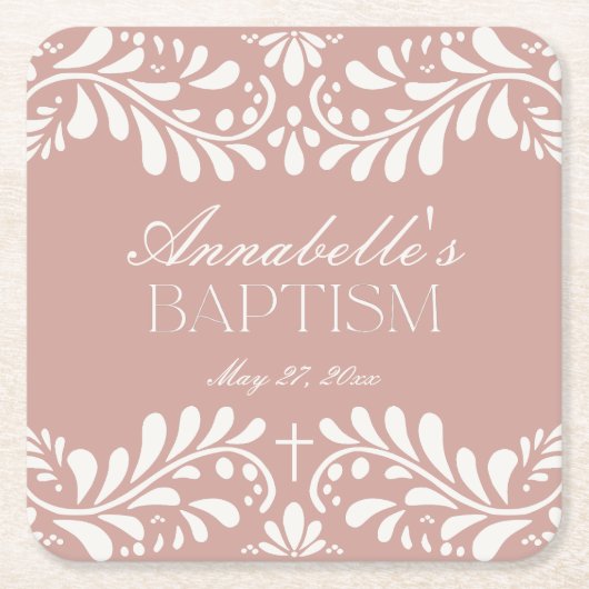 Roze Talavera Tegel Spaans Fiesta Doopsel Kartonnen Onderzetters (Voorkant)