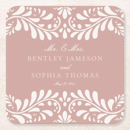 Roze Talavera Tegel Spaanse stijl Fiesta bruiloft Kartonnen Onderzetters (Voorkant)