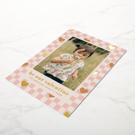 Roze Tan Checkerboard Hearts Valentijnsdag Kaart (Gedraaid)