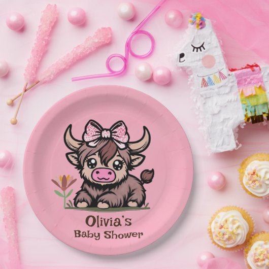 Roze Tan Highland Koe Meisje Baby shower Papieren Bordje (Feest)