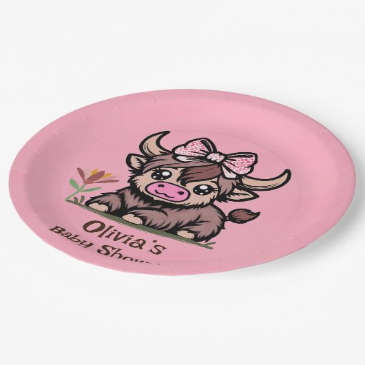 Roze Tan Highland Koe Meisje Baby shower Papieren Bordje (Gekanteld)