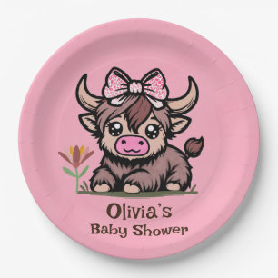 Roze Tan Highland Koe Meisje Baby shower Papieren Bordje