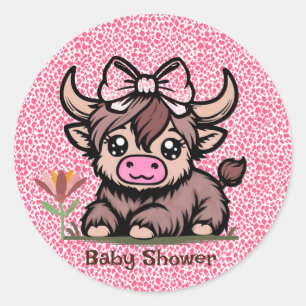 Roze Tan Highland Koe Meisje Baby shower Ronde Sticker