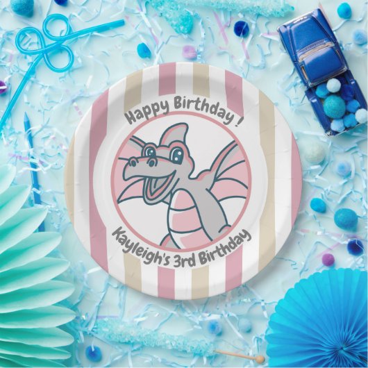 Roze Tan Stripes met een roze drakendinedag Papieren Bordje (Feest)