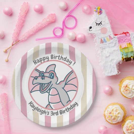 Roze Tan Stripes met een roze drakendinedag Papieren Bordje (Feest)