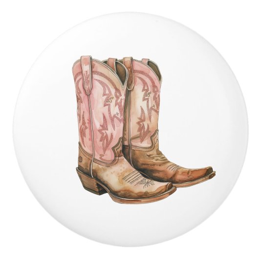 Roze Tan Westerne Cowgirl Laarzen Keramische Knop (Voorkant)