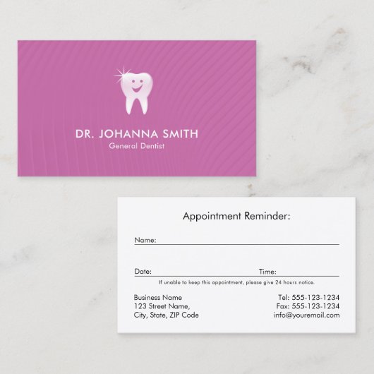 Roze tandarts glimlachende tand tandheelkundige af afsprakenkaartje (Voorkant / Achterkant)