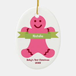 Roze tandbrood kind groene banner naam baby eerste keramisch ornament