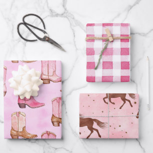 Roze Tane Cowgirl Laarzen Paarden Verjaardag Inpakpapier Vel