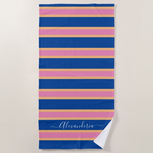 Roze Tangerine White Modern Preppy Stripes Beach Strandlaken (Voorkant)
