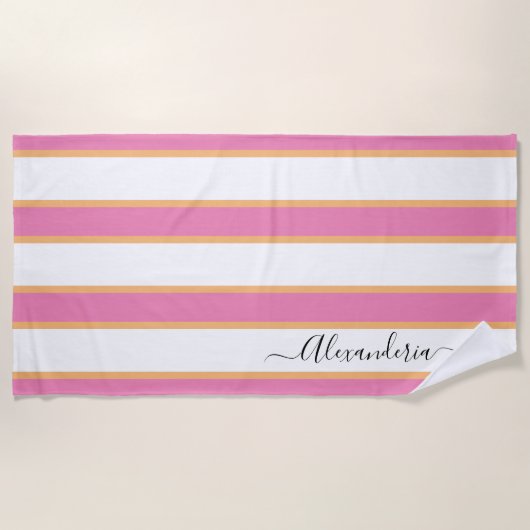 Roze Tangerine White Modern Preppy Stripes Beach Strandlaken (Voorkant)