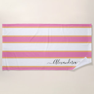Roze Tangerine White Modern Preppy Stripes Strandlaken