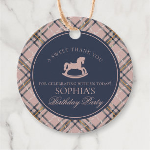 Roze tartan geruite schommelpaard verjaardags krin bedankjes labels