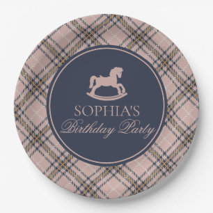 Roze tartan geruite schommelpaard verjaardagsfeest papieren bordje