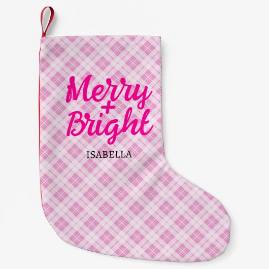 Roze tartan Kerst Vrolijk Bright Custom naam Kleine Kerstsok (Voorkant)