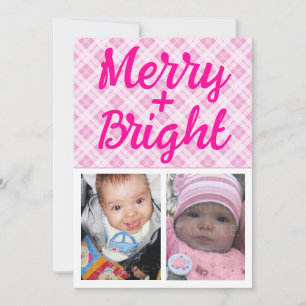 Roze tartan Kerstmis Merry Bright Aangepaste foto Feestdagenkaart