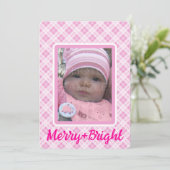 Roze tartan Kerstmis Merry Bright Aangepaste foto Feestdagenkaart (Staand voorkant)