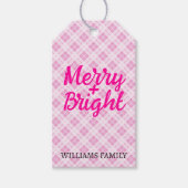 Roze tartan Kerstmis Merry Bright Familienaam Cadeaulabel (Voorkant)