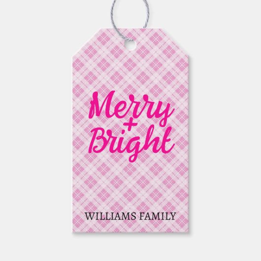 Roze tartan Kerstmis Merry Bright Familienaam Cadeaulabel (Voorkant)