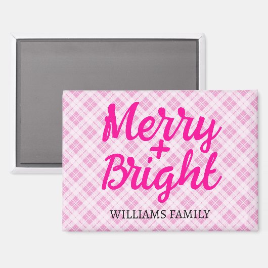 Roze tartan Kerstmis Merry Bright Familienaam Magneet (Voorkant / Achterkant)