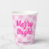 Roze tartan Kerstmis Merry Bright Familienaam Papieren Bekers (Achterkant)
