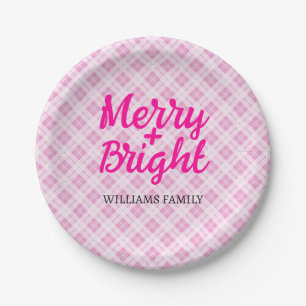 Roze tartan Kerstmis Merry Bright Familienaam Papieren Bordje