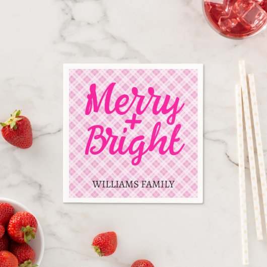 Roze tartan Kerstmis Merry Bright Familienaam Servet (Insitu)