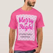 Roze tartan Kerstmis Merry Bright Familienaam T-shirt (Voorkant)