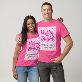 Roze tartan Kerstmis Merry Bright Familienaam T-shirt