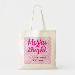 Roze tartan Kerstmis Merry Bright Familienaam Tote Bag