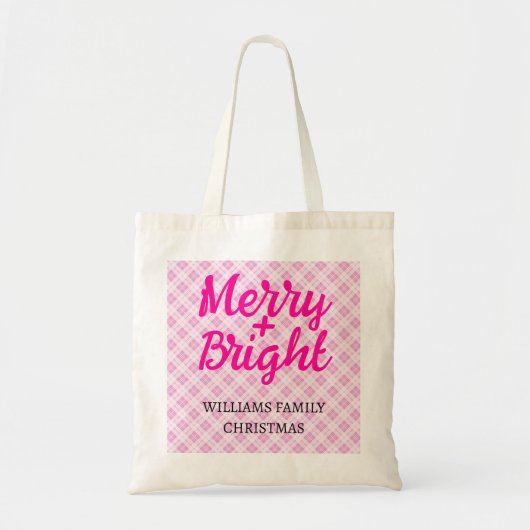 Roze tartan Kerstmis Merry Bright Familienaam Tote Bag (Voorkant)