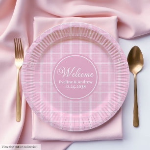 Roze Tartan Papieren Borden Moderne Monogram Huwel Bordje