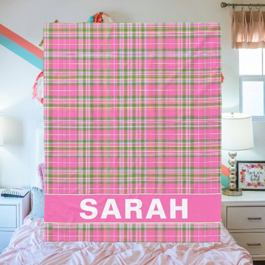 Roze Tartan Plaid Custom Naam Fleece Dekbed Deken