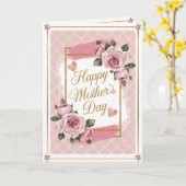 Roze Tartan Rozen & Harten Moederdag Kaart (Gele Bloem)