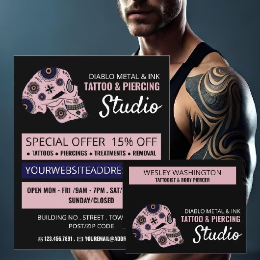 Roze Tattoo van de schedel, Tattoo & body Piercing Flyer