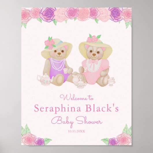 Roze Tea Party Beren Baby shower Welkom Poster (Voorkant)