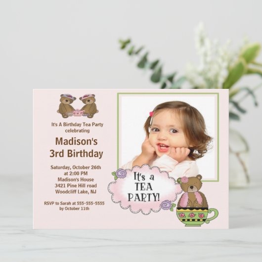 Roze Tea Party Foto van Birthday Party Kaart (Staand voorkant)