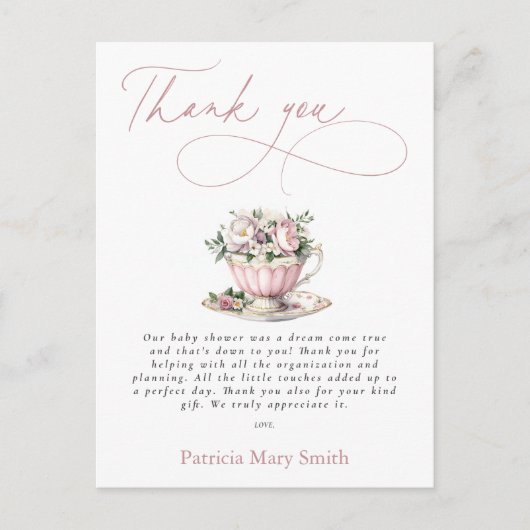 Roze Tea Party Meisje Baby shower Bedankt Briefkaart (Voorkant)