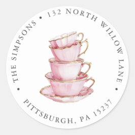 Roze Tea Party Return-adres Ronde Sticker