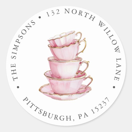 Roze Tea Party Return-adres Ronde Sticker (Voorkant)