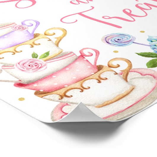 Roze Tea Party Sweets & Trees Birthday Sign Poster (Hoek)