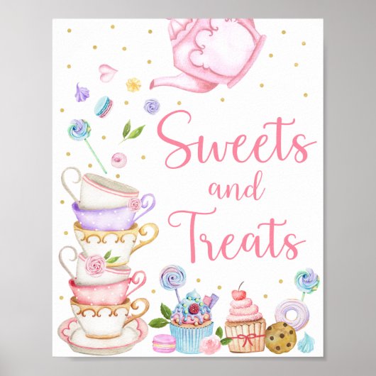 Roze Tea Party Sweets & Trees Birthday Sign Poster (Voorkant)