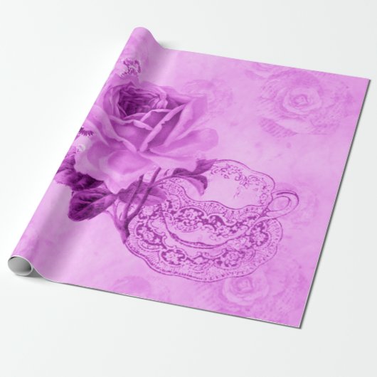  Roze  Teacup & Flowers Wrapping Paper Cadeaupapier (Uitgerold)