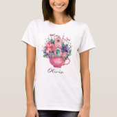 Roze Teacup Sprookjeshuis Vrouwen Wit T-shirt (Voorkant)