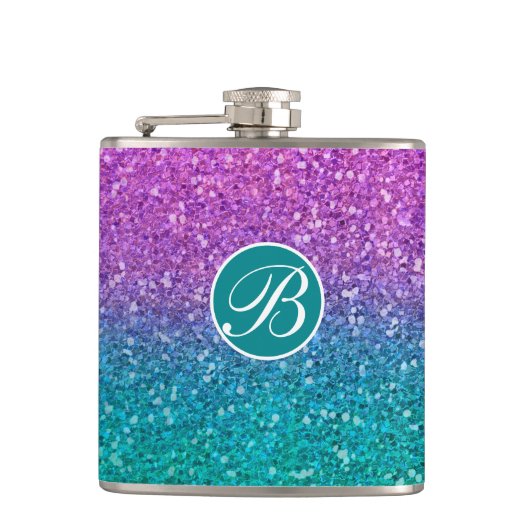 Roze Teal Aqua Blauwe & Paarse Glitter Heupfles (Voorkant)
