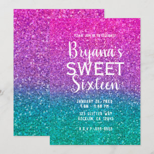 Roze Teal Aqua & Paarse Glitter Sweet 16 Kaart