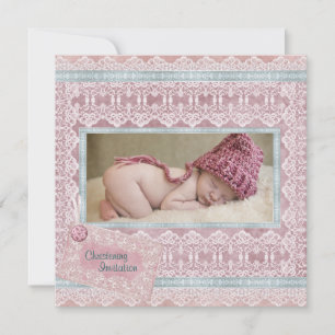 Roze Teal Baby Meisje Foto Doop Uitnodiging