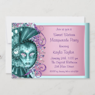 Roze Teal Blauwe Sweet Sixteen Maskerade Feest Kaart