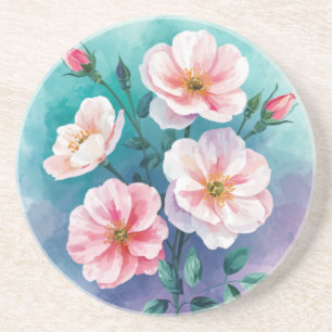 Roze Teal Blauwe Wilde Rozen In Aquarel Zandsteen Onderzetter