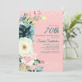 Roze Teal Crème Bloemige 70e Verjaardag Kaart (Staand voorkant)